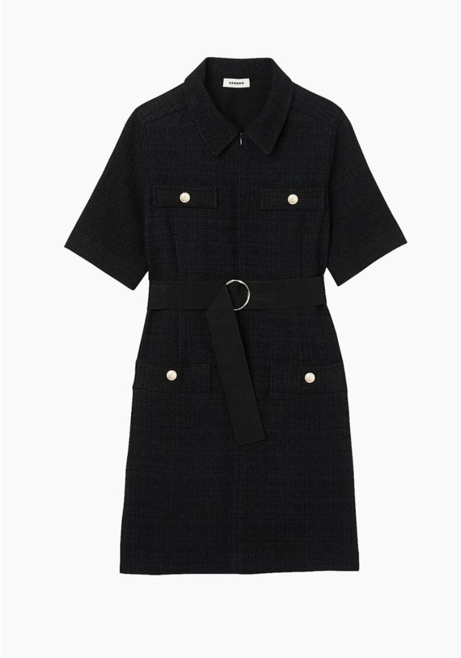 Sandro Nour Tweed Shirt Dress Short-Sleeve Dress in Two Materials -Black Size 40